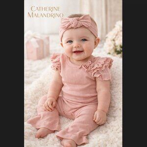 Catherine Malandrino Baby Girl 3-6M Pink Outfit Ruffle Bodysuit Flare Pants Set